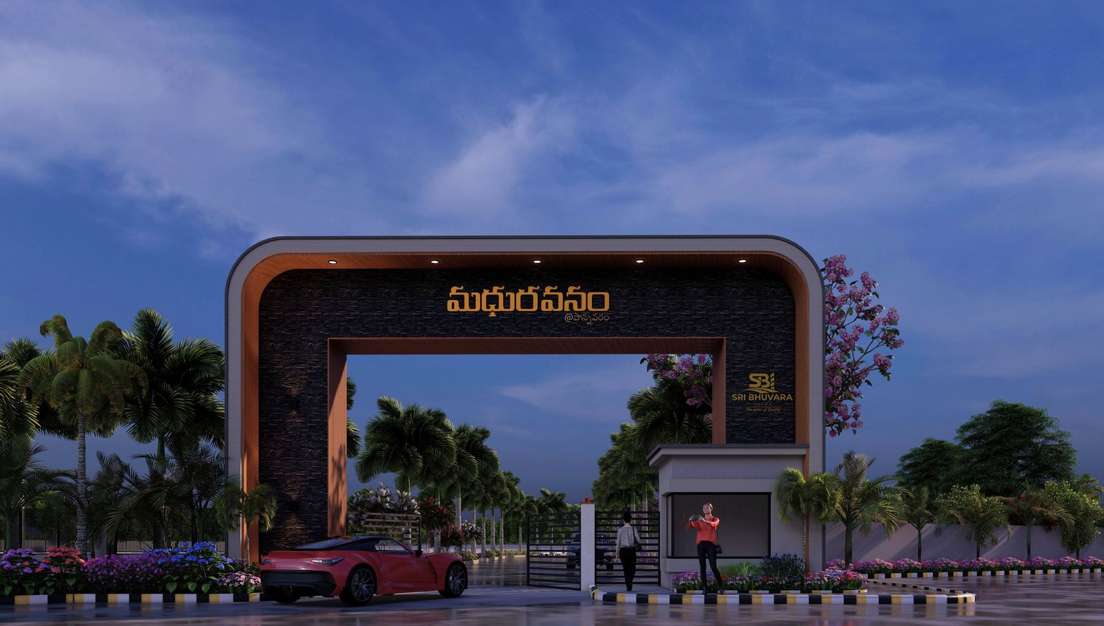 The Madhuravanam entrance arch at Ponnavaram, with the project name in Telugu and the Sri Bhuvara Infra emblem